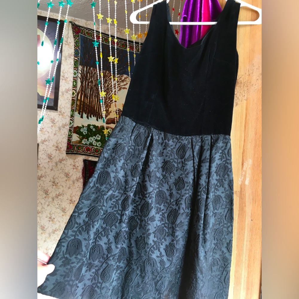 Black velvet and textured print dress.